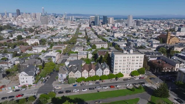 Aerial view of the Painted Ladies in San Francisco. It is the row of Victorian houses at Steiner. The houses were built between 1892 and 1896. Beautiful aerial view of San Francisco.