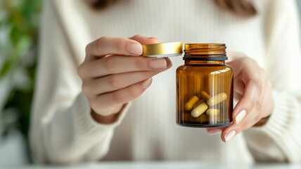 A woman is holding a jar of pills in her hand