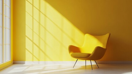 A solitary yellow armchair illuminated by warm sunlight sits beside a large window in a brightly colored and empty room, creating a tranquil and inviting atmosphere.