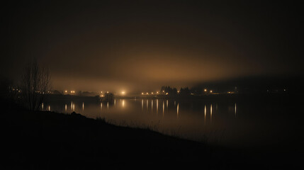 Fototapeta premium A dark, foggy night where distant lights are just faint glimmers, barely piercing through the thick mist, adding to the eerie and mysterious ambiance.