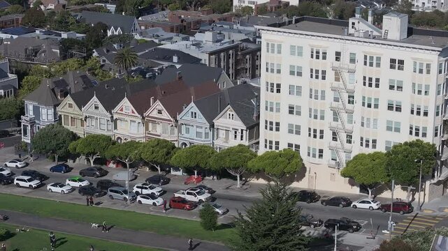 Aerial view of the Painted Ladies in San Francisco. It is the row of Victorian houses at Steiner. The houses were built between 1892 and 1896. Beautiful aerial view of San Francisco.