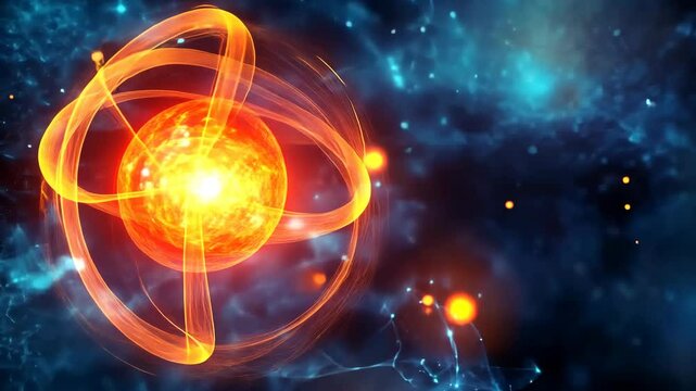 A glowing orange sphere is surrounded by three orbiting rings of light, set against a dark blue background with scattered dots of light