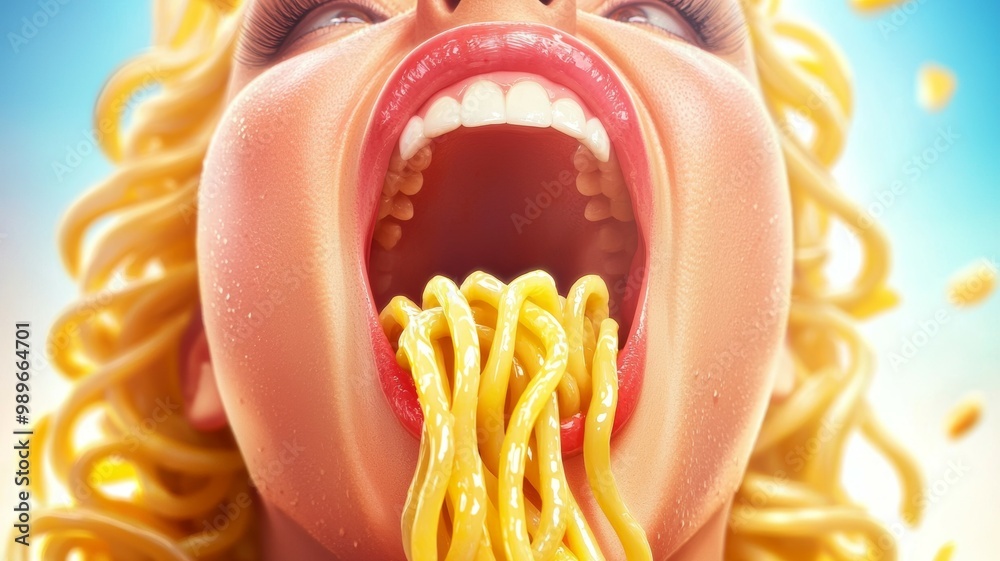 Poster A woman is eating spaghetti with a big smile on her face