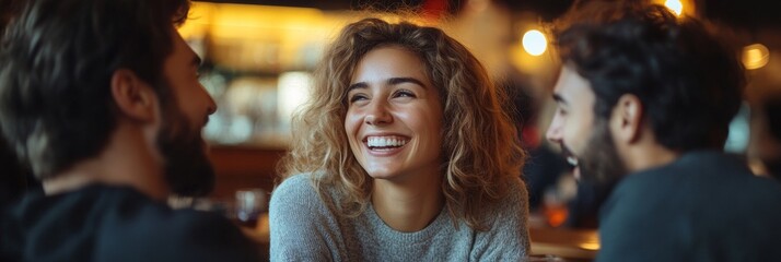 Joyful camaraderie at a cozy café, friends sharing laughter, warm atmosphere, soft hues blending in the background