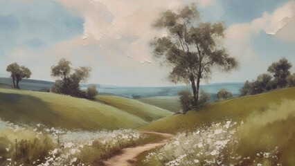 Farmhouse-style painting of a rural countryside with rolling green hills, trees, and white clouds in a blue sky; landscape