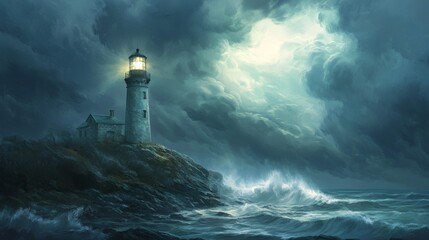 A lighthouse stands firm on a rocky shore, its light shining through a stormy night sky, with tumultuous waves crashing around it and dark, dramatic clouds overhead.