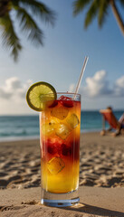 A refreshing cocktail in a tall glass with a tropical beach blurred in the background