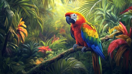 A colorful parrot with red, yellow, and blue feathers sits on a branch surrounded by lush green foliage and vibrant flowers in a tropical jungle setting.