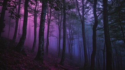 A mystical forest scene with purple and blue hues, creating an ethereal atmosphere.