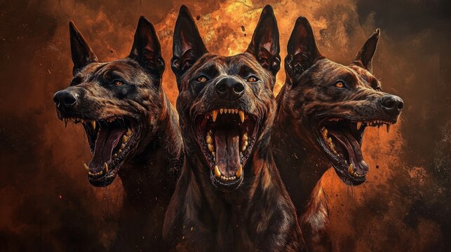 A digital artwork depicting Cerberus, the legendary three-headed hellhound, with vicious expressions and sharp teeth, against a dramatic fiery background. Captures mythological ferocity.