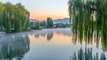 Tranquil lakeside scene at sunrise with weeping willows and misty reflections.