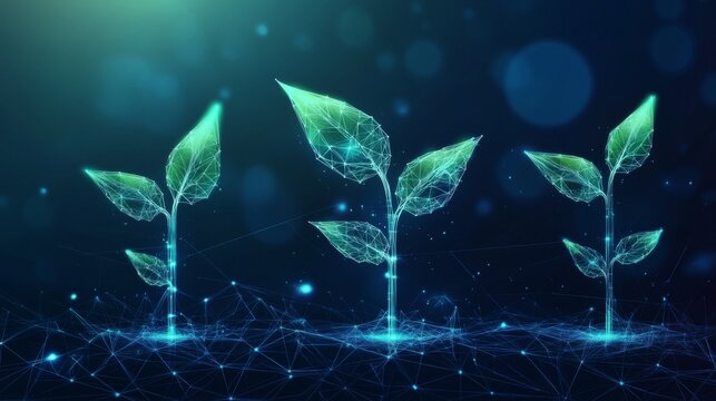 This image showcases a digital representation of plant growth interconnected with abstract lines, symbolizing technology and nature fusion in a futuristic setting.