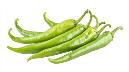 A close-up image displaying a group of fresh green chili peppers neatly arranged against a white background, showcasing their vibrant color and smooth texture.