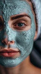 A girl applies a cosmetological natural face mask, face cream