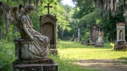 Obraz premium A serene cemetery path lined with angel statues and gravestones, surrounded by lush greenery.