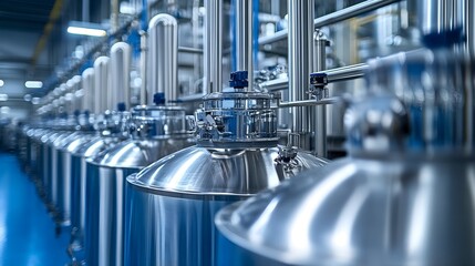 A row of polished stainless steel tanks in a high-tech pharmaceutical facility, holographic interface overlay showing chemical formulas, futuristic neon lighting, Cyberpunk