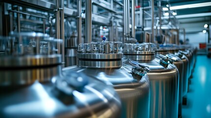 A row of polished stainless steel tanks in a high-tech pharmaceutical facility, holographic interface overlay showing chemical formulas, futuristic neon lighting, Cyberpunk