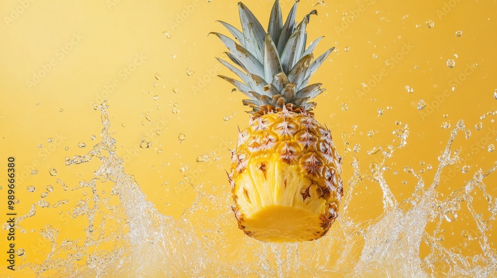 Wall mural A pineapple splashes into water against a vibrant yellow background.