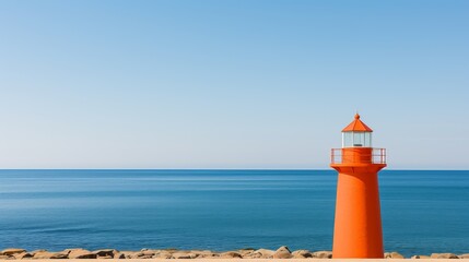 Bright orange lighthouse by the serene blue sea on a clear sunny day