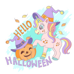 Hello Halloween card with unicorn vector illustration