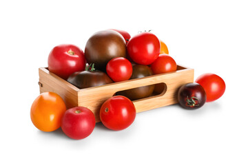 Wooden tray with different fresh tomatoes on white background
