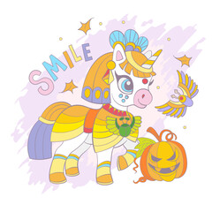 Halloween card with unicorn and pumpkin vector illustration