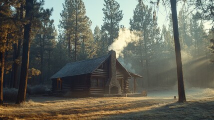 A cozy log cabin surrounded by tall trees in a misty forest setting.