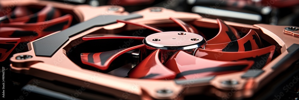 Poster a close-up view of a computer graphics card cooling fan showcasing intricate design and colors