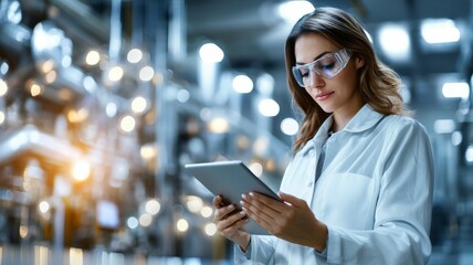 A woman wearing a lab coat and goggles is looking at a tablet