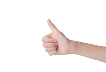 Women's hands with thumbs up sign isolated against a transparent background. Thumb up positive ,like gesture on a white background.