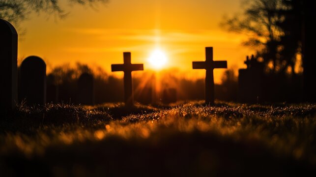 A serene sunset over a cemetery with two crosses silhouetted against the sky.