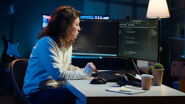 IT expert working from home developing software in JavaScript programming language using desktop PC. System engineer in living room writing lines of code on computer using keyboard, camera A
