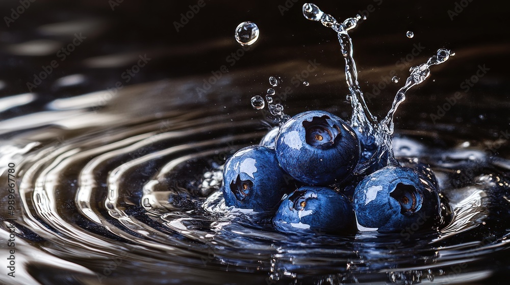 Wall mural A splash of blueberries in water creates a dynamic, refreshing visual.