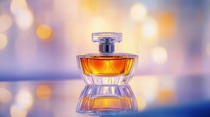 A stylish perfume bottle reflecting light, showcasing elegance and luxury.