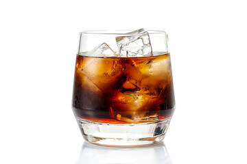 Old fashioned cocktail drink rum or whiskey with cola with lime on white background. Alcoholic drinks.