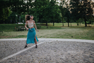 A joyful young girl wearing headphones dances freely in a sunny park, embracing the positive energy...