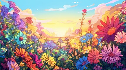 Vibrant Floral Field with a Sunset Horizon