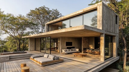 Obraz premium Minimalist cube home with perforated metal walls, sharp lines, and integrated holographic windows, floating in a futuristic desert landscape, warm colors, 3D rendering