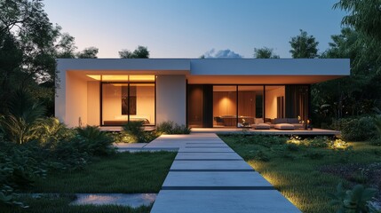 Fototapeta premium Minimalist cube house with smooth white walls, subtle LED lighting integrated into the design, clean concrete path leading to the door, early morning light