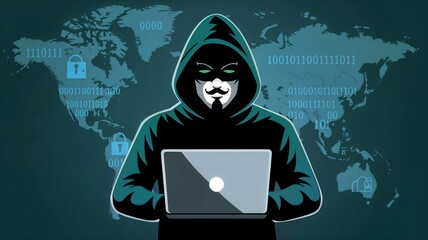 Anonymous Hacker in Hoodie Engaged in Global Cybersecurity Breach – Cyber Criminal Manipulating Data with Worldwide Digital Threat Visualization and Security Icons, Binary Numbers In Background.