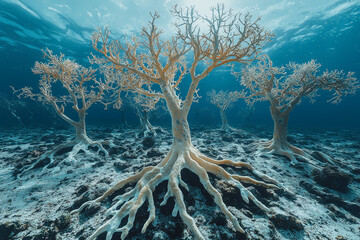 A dead coral reef with bleached skeletons under the ocean. Concept of ocean acidification and global warming.