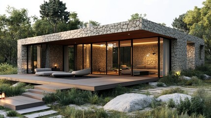 Fototapeta premium Minimalist stone-clad cube house, spacious wooden deck for outdoor parties, seamless integration with landscape, clean modern design