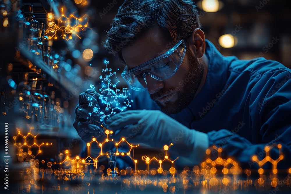 Poster a chemist using ai to predict molecular structures. concept of artificial intelligence in chemical r