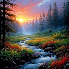 sunset over a forest and river