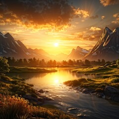 sunset mountains and river