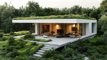 Fototapeta premium Minimalist white cube house with a lush green roof, large glass sliding doors opening onto a modern patio, bathed in soft natural light, Scandinavian, Photorealism, Soft colors