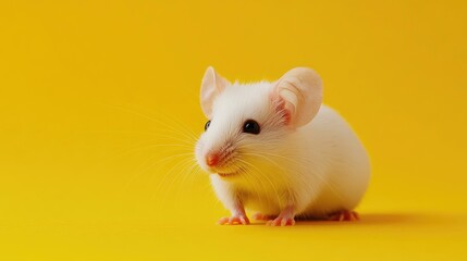 Curiosity of A Little White Mouse: A captivating image of a pristine white mouse set against a vibrant yellow backdrop, showcasing its delicate features and inquisitive nature.