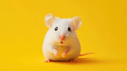 A cute white mouse on a yellow background with copy space.