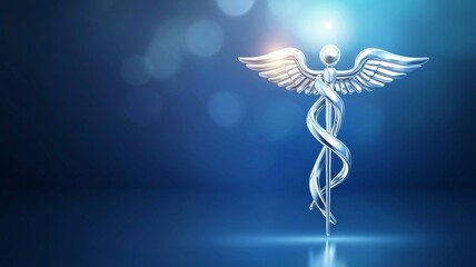 A silver medical symbol with wings is on a blue background