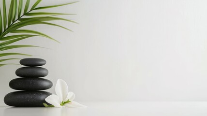 A white background with a bunch of black stones and a white flower